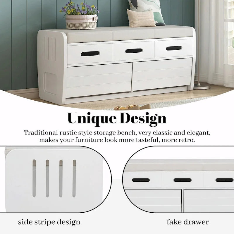 Banc à chaussures de rangement rustique avec 2 tiroirs, rangement dissimulé et 3 faux tiroirs supérieurs