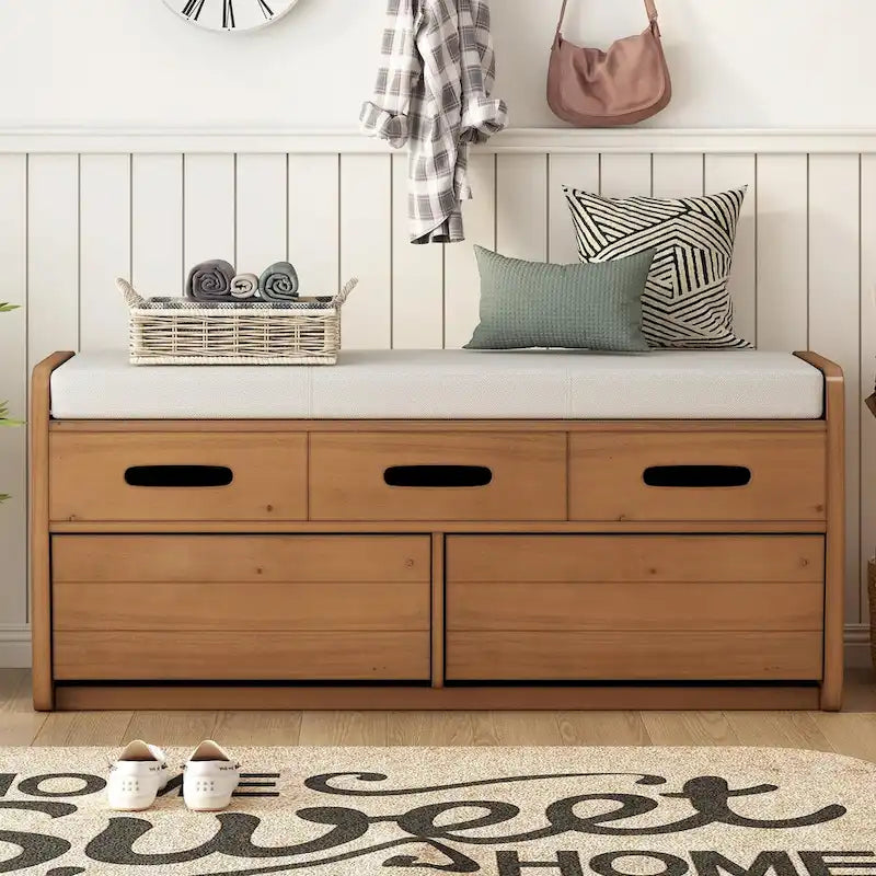 Banc à chaussures de rangement rustique avec 2 tiroirs, rangement dissimulé et 3 faux tiroirs supérieurs