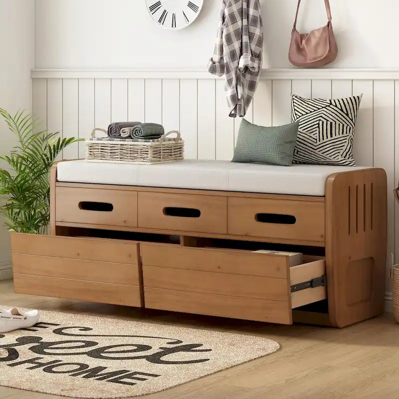 Banc à chaussures de rangement rustique avec 2 tiroirs, rangement dissimulé et 3 faux tiroirs supérieurs