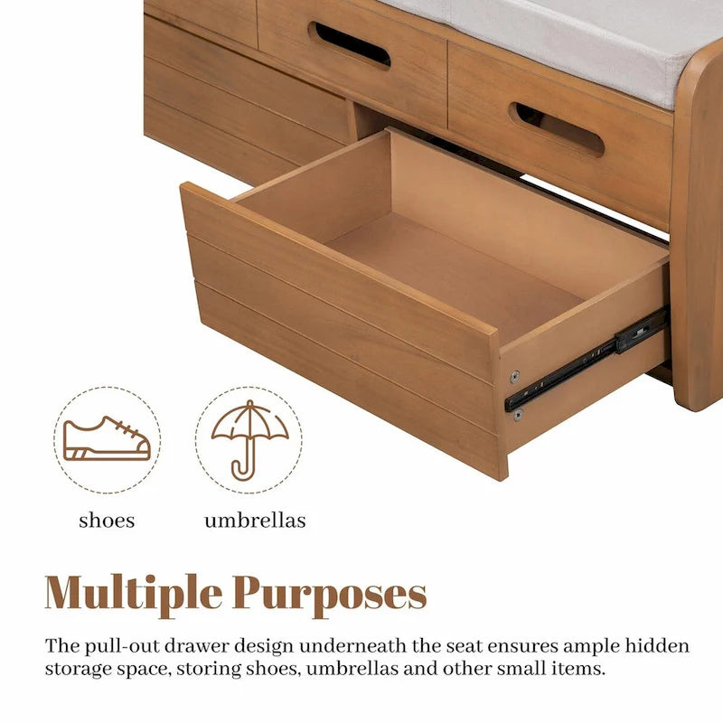 Banc à chaussures de rangement rustique avec 2 tiroirs, rangement dissimulé et 3 faux tiroirs supérieurs
