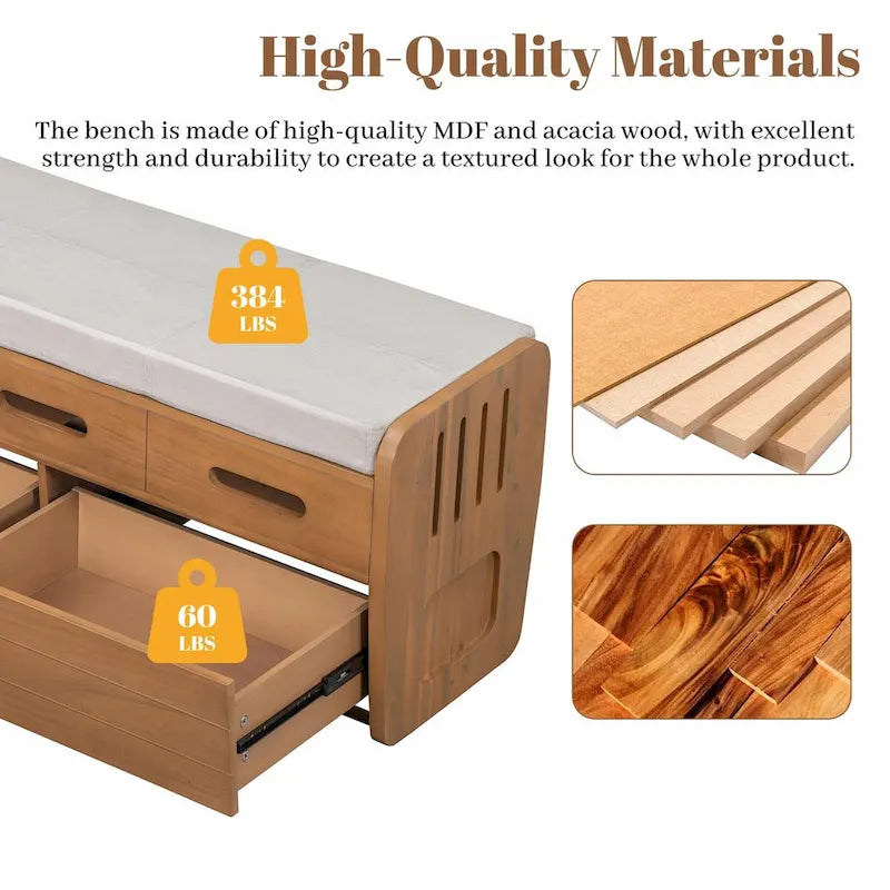 Banc à chaussures de rangement rustique avec 2 tiroirs, rangement dissimulé et 3 faux tiroirs supérieurs