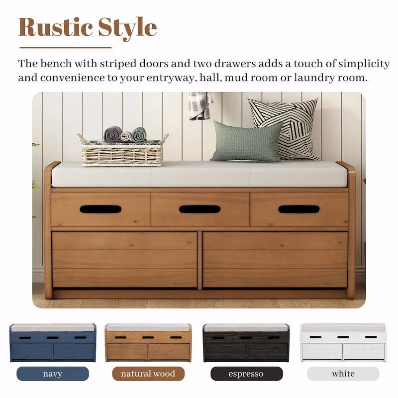 Banc à chaussures de rangement rustique avec 2 tiroirs, rangement dissimulé et 3 faux tiroirs supérieurs