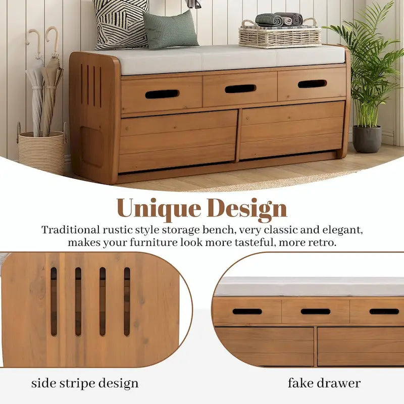Banc à chaussures de rangement rustique avec 2 tiroirs, rangement dissimulé et 3 faux tiroirs supérieurs