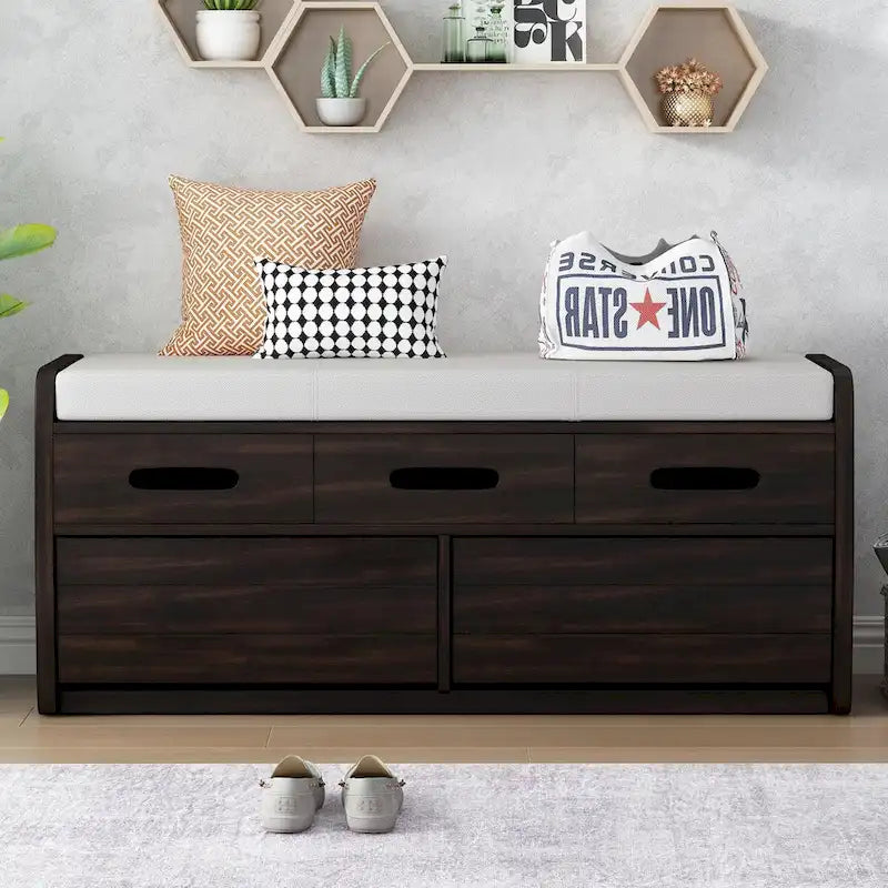 Banc à chaussures de rangement rustique avec 2 tiroirs, rangement dissimulé et 3 faux tiroirs supérieurs