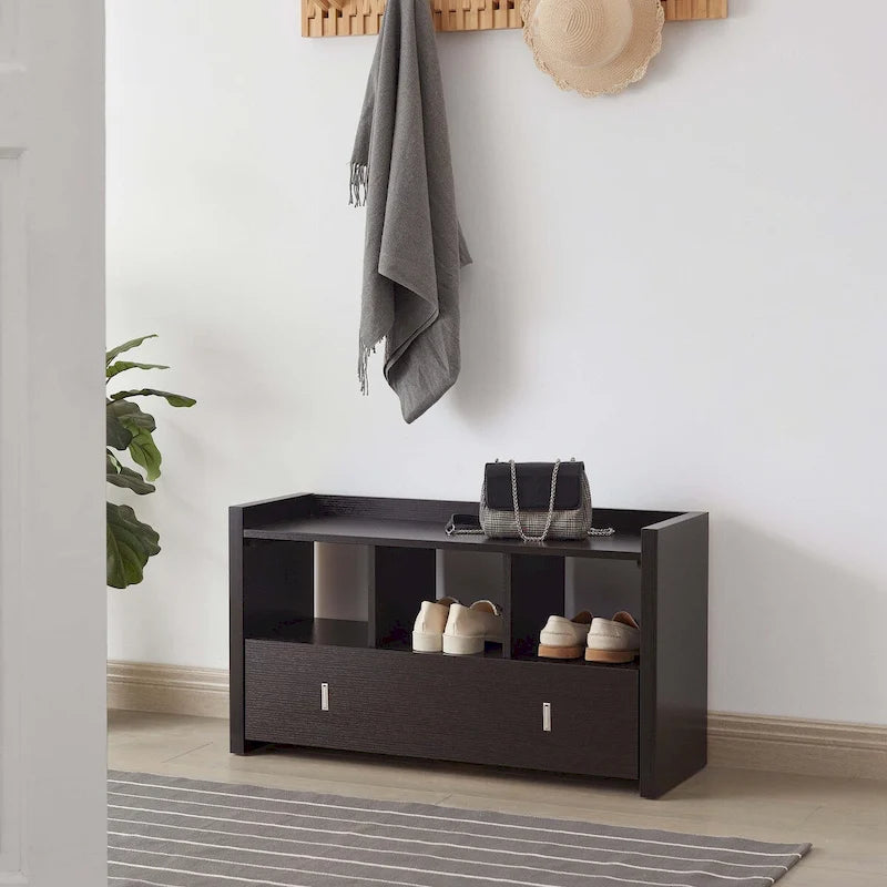 Banc d'entrée pour chaussures avec trois étagères, un tiroir avec compartiment divisé