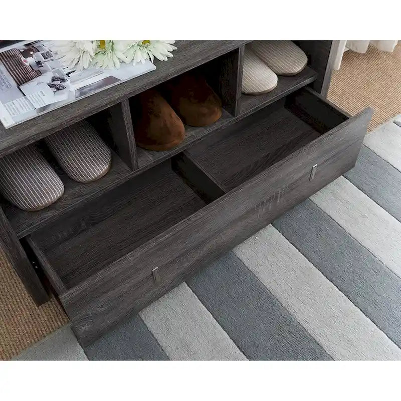 Banc d'entrée pour chaussures avec trois étagères, un tiroir avec compartiment divisé