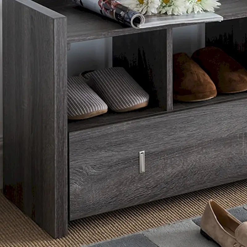 Banc d'entrée pour chaussures avec trois étagères, un tiroir avec compartiment divisé