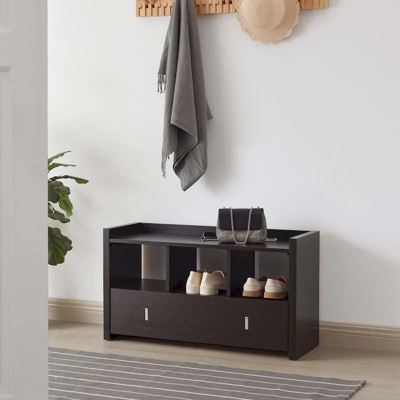 Banc d'entrée pour chaussures avec trois étagères, un tiroir avec compartiment divisé