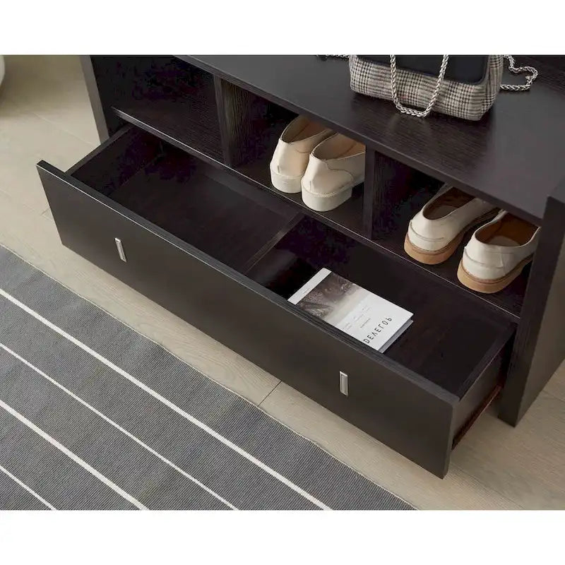 Banc d'entrée pour chaussures avec trois étagères, un tiroir avec compartiment divisé
