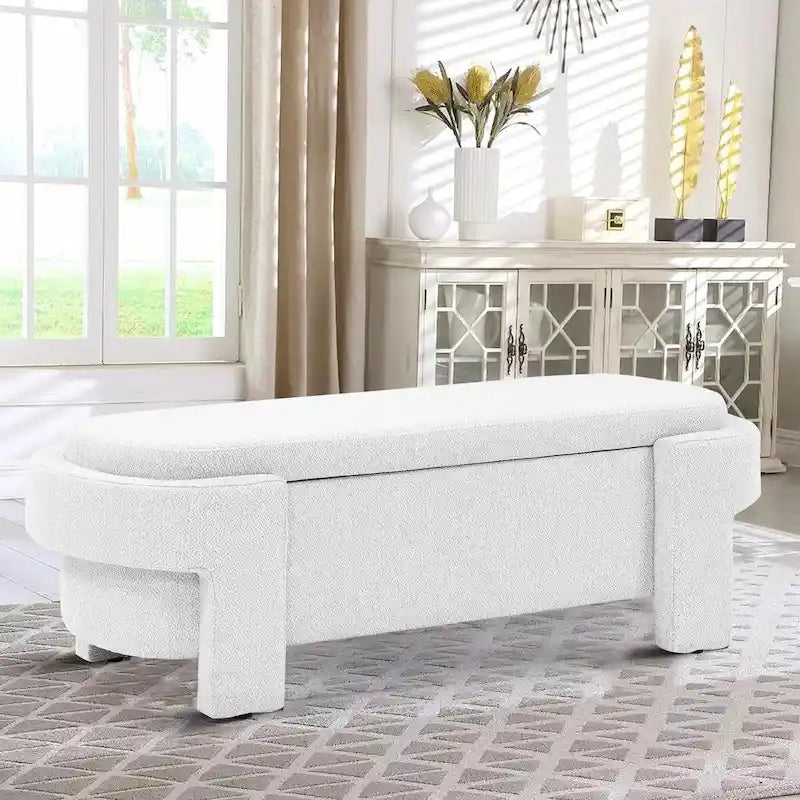 Banc de rangement français minimaliste rembourré en tissu avec quatre pieds rembourrés