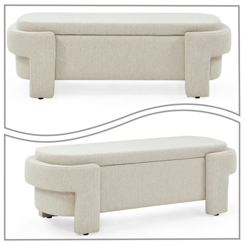 Banc de rangement français minimaliste rembourré en tissu avec quatre pieds rembourrés