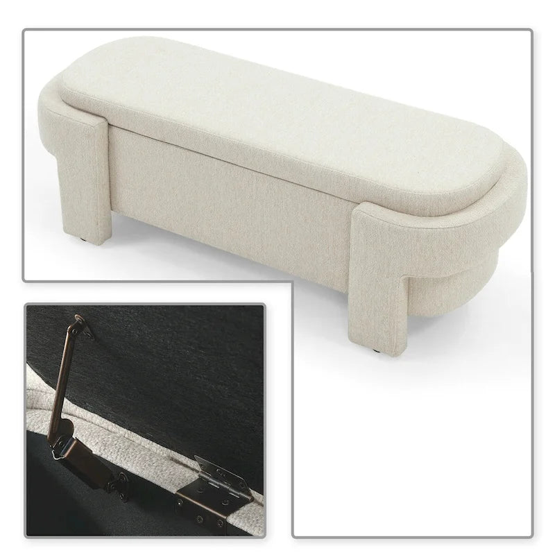 Banc de rangement français minimaliste rembourré en tissu avec quatre pieds rembourrés