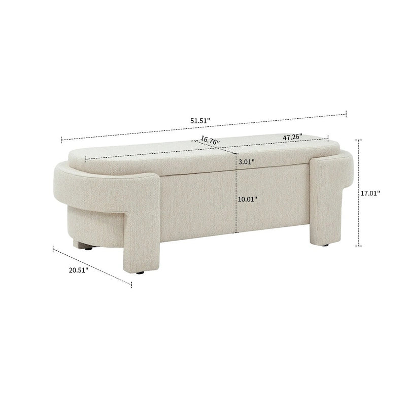 Banc de rangement français minimaliste rembourré en tissu avec quatre pieds rembourrés
