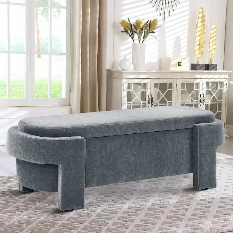Banc de rangement français minimaliste rembourré en tissu avec quatre pieds rembourrés