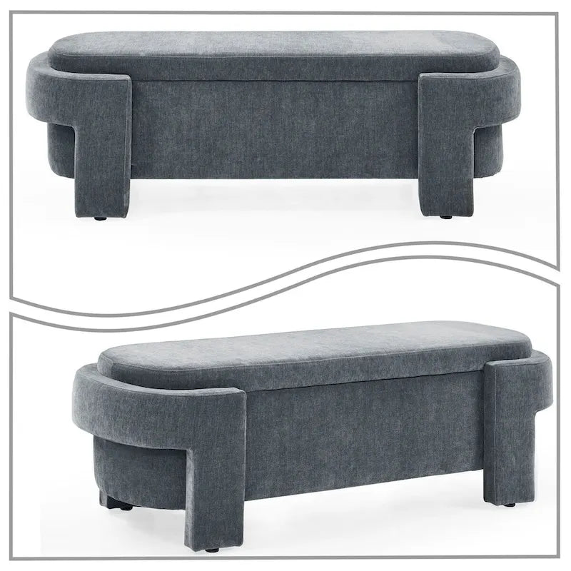 Banc de rangement français minimaliste rembourré en tissu avec quatre pieds rembourrés