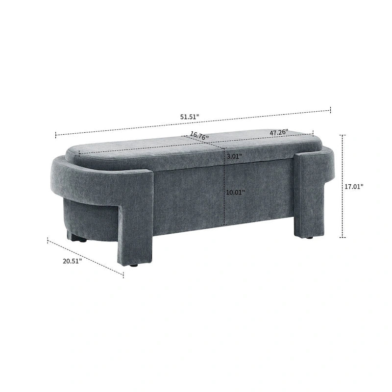 Banc de rangement français minimaliste rembourré en tissu avec quatre pieds rembourrés