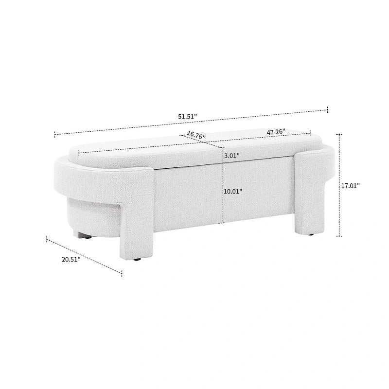 Banc de rangement français minimaliste rembourré en tissu avec quatre pieds rembourrés