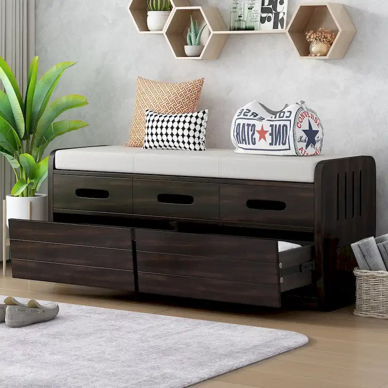 Banc de rangement rustique Nestfair avec 2 tiroirs, espace de rangement dissimulé et 3 faux tiroirs sur le dessus