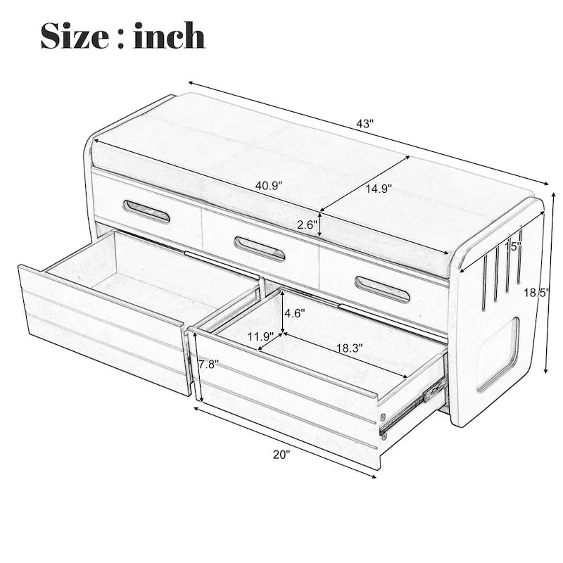 Banc de rangement rustique Nestfair avec 2 tiroirs, espace de rangement dissimulé et 3 faux tiroirs sur le dessus