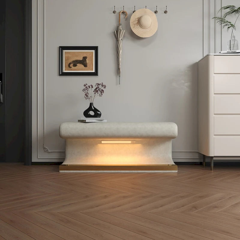 Banc d'entrée Ottoman en cuir rembourré avec éclairage LED à capteur pour salon, chambre, pied de lit