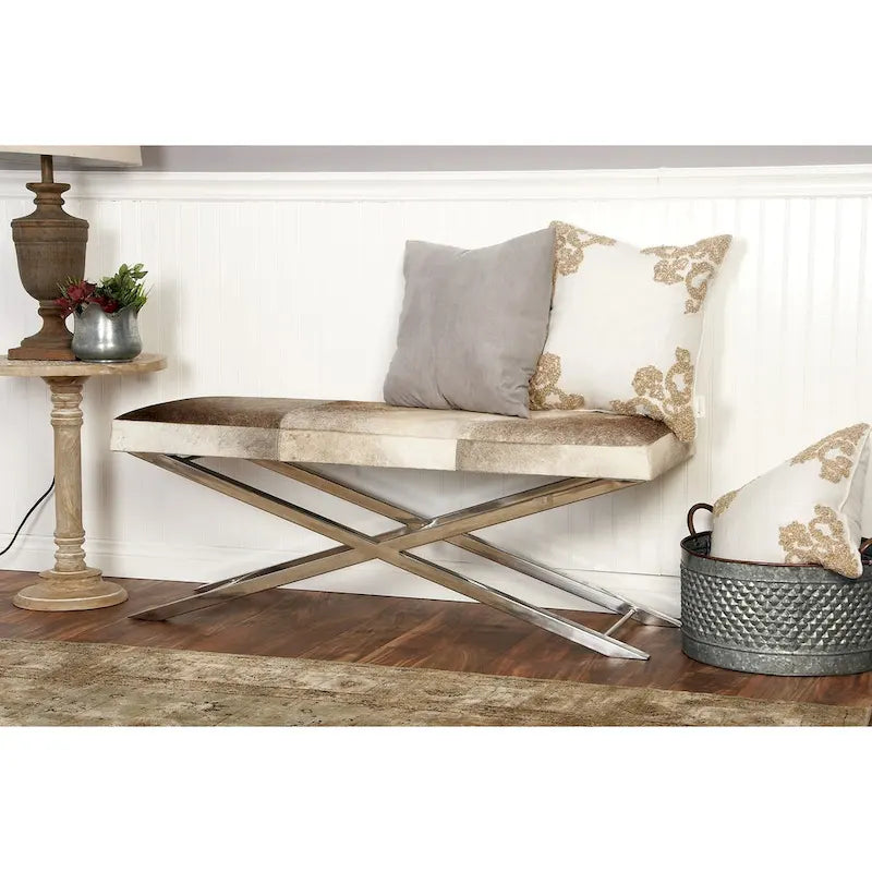 Banc ou tabouret en cuir avec base en métal inoxydable argenté en forme de X - Beige ou gris - Roche River Decor