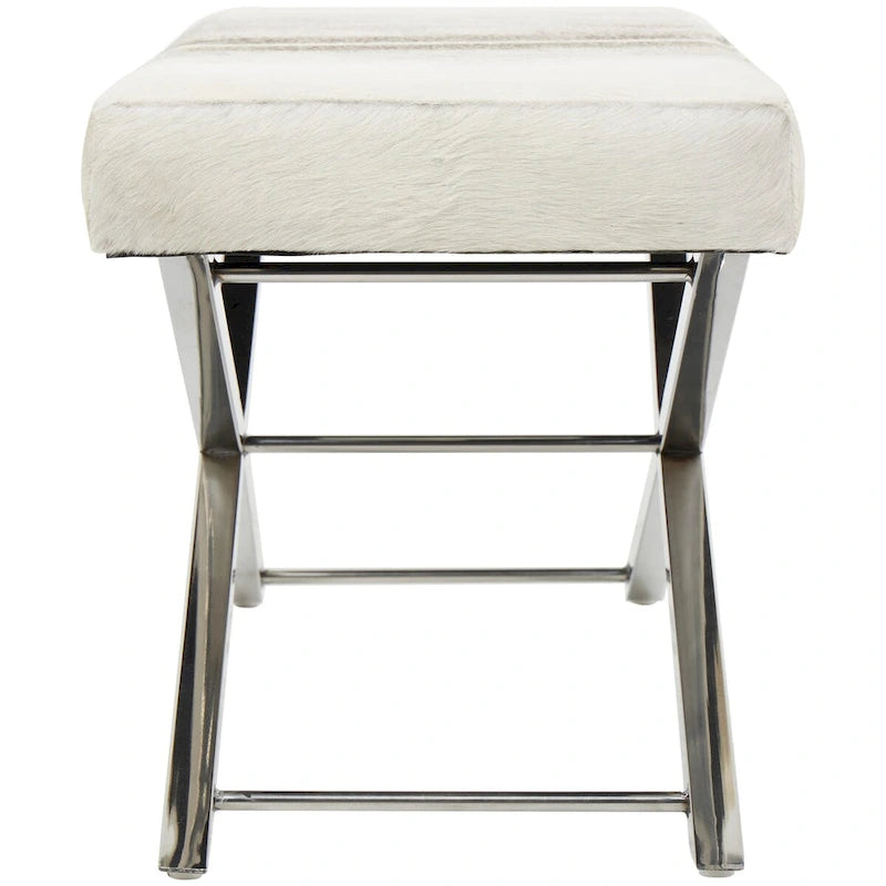 Banc ou tabouret en cuir avec base en métal inoxydable argenté en forme de X - Beige ou gris - Roche River Decor