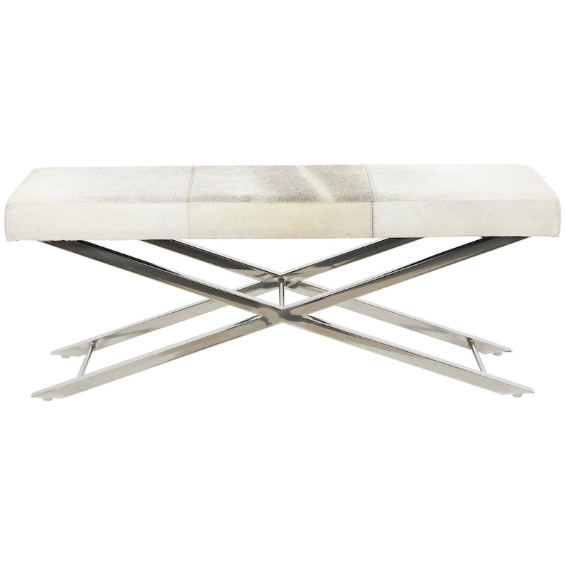 Banc ou tabouret en cuir avec base en métal inoxydable argenté en forme de X - Beige ou gris - Roche River Decor