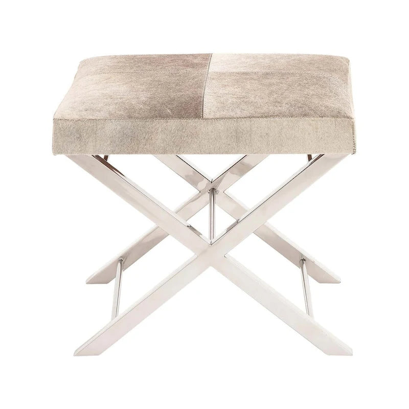 Banc ou tabouret en cuir avec base en métal inoxydable argenté en forme de X - Beige ou gris - Roche River Decor