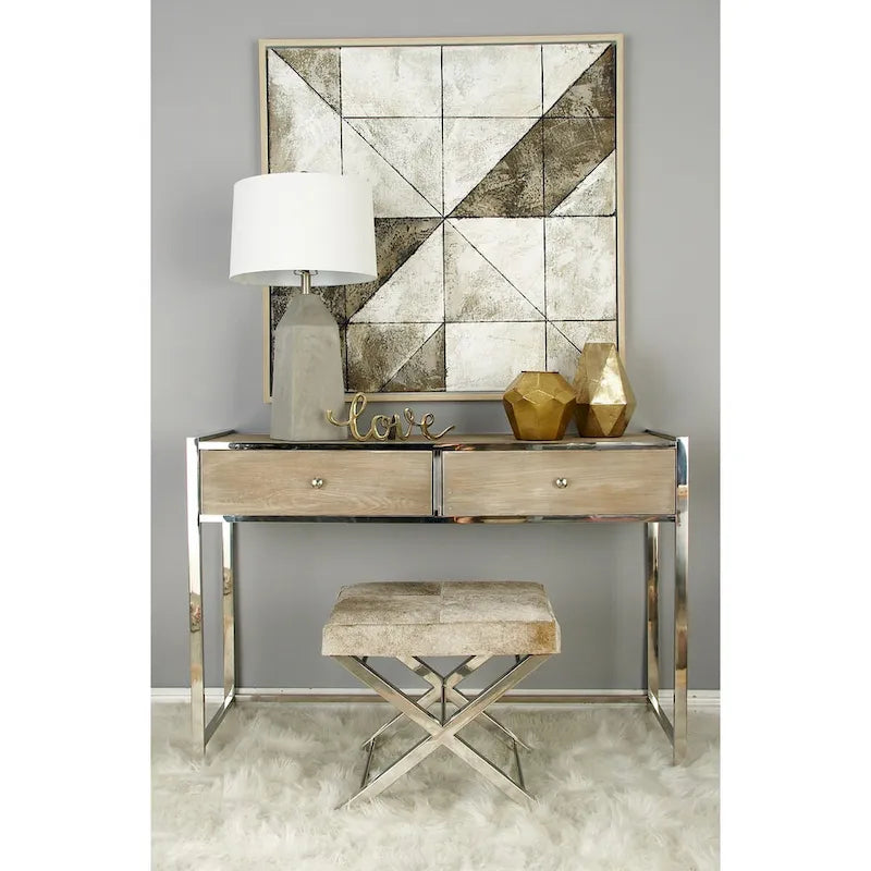 Banc ou tabouret en cuir avec base en métal inoxydable argenté en forme de X - Beige ou gris - Roche River Decor