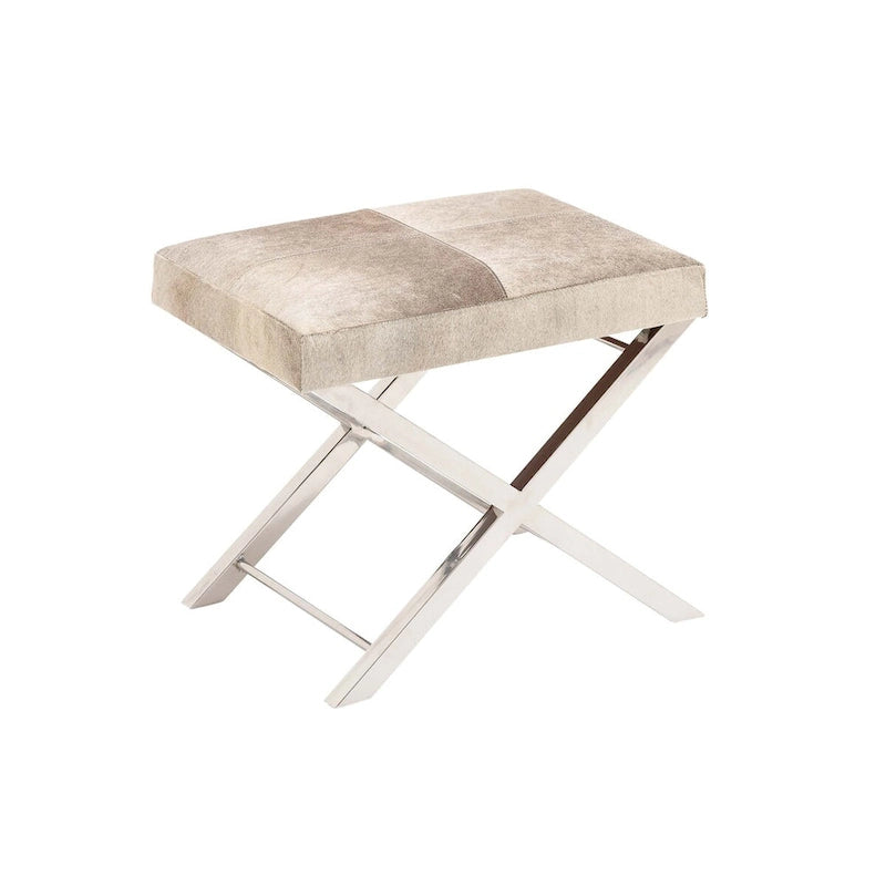 Banc ou tabouret en cuir avec base en métal inoxydable argenté en forme de X - Beige ou gris - Roche River Decor