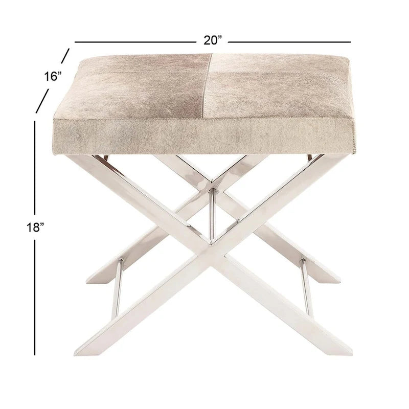Banc ou tabouret en cuir avec base en métal inoxydable argenté en forme de X - Beige ou gris - Roche River Decor