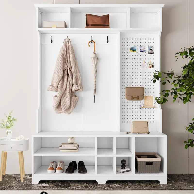 Meuble d'entrée avec banc à chaussures, porte-manteau, rangement à chaussures, étagères de rangement et panneau perforé, pour couloirs, halls et chambres, noir