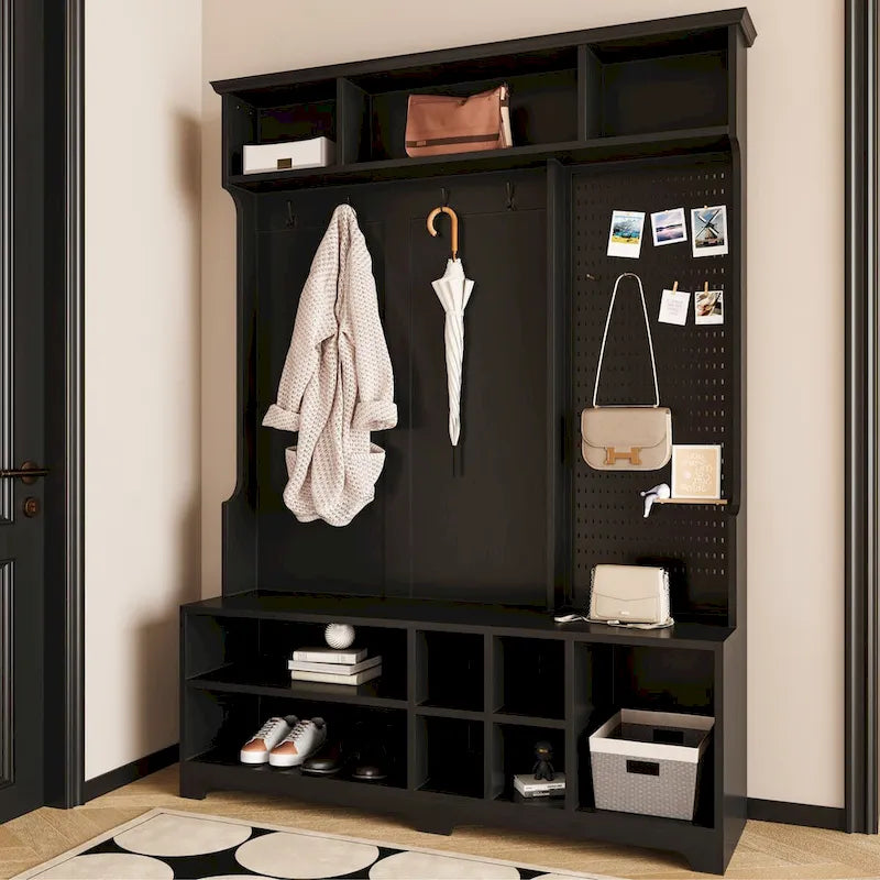 Meuble d'entrée avec banc à chaussures, porte-manteau, rangement à chaussures, étagères de rangement et panneau perforé, pour couloirs, halls et chambres, noir