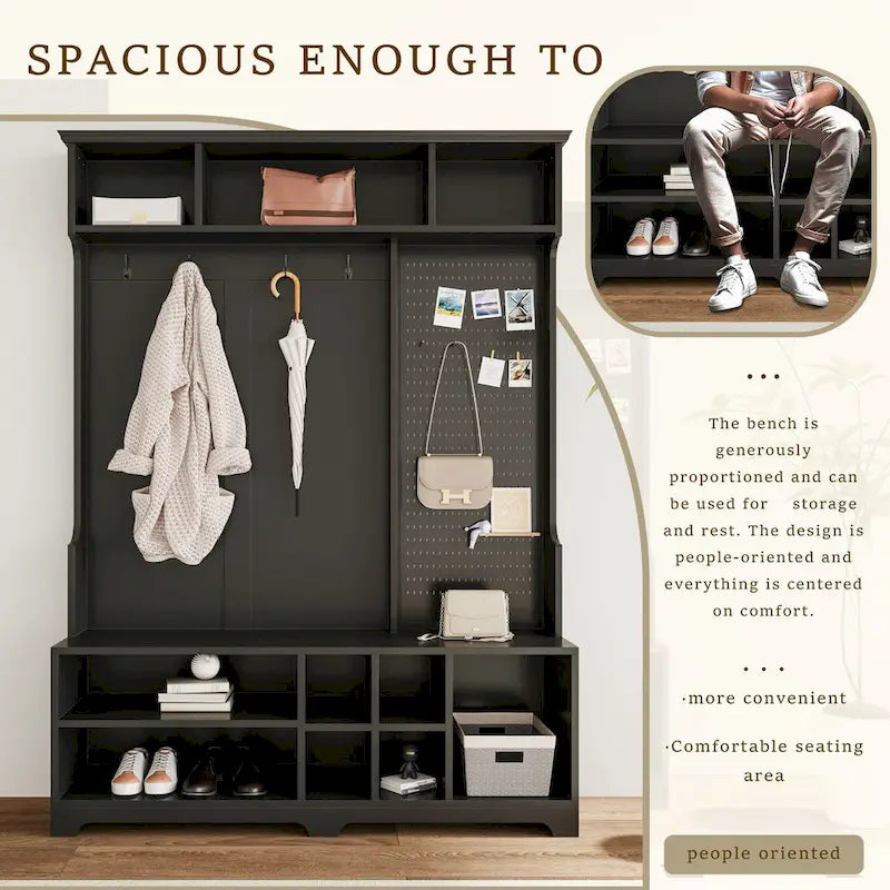 Meuble d'entrée avec banc à chaussures, porte-manteau, rangement à chaussures, étagères de rangement et panneau perforé, pour couloirs, halls et chambres, noir