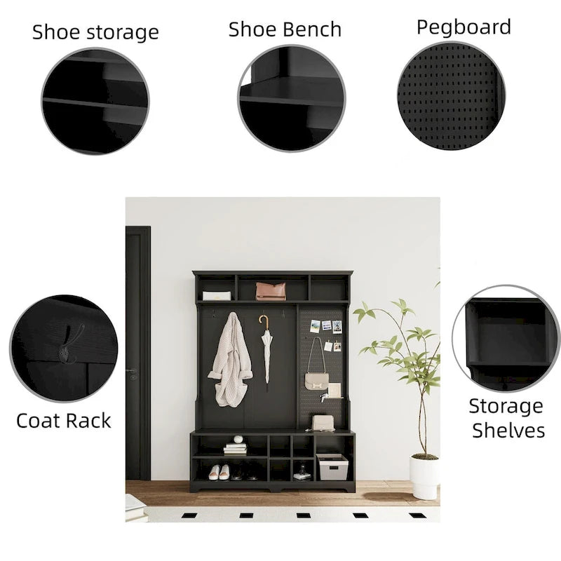 Meuble d'entrée avec banc à chaussures, porte-manteau, rangement à chaussures, étagères de rangement et panneau perforé, pour couloirs, halls et chambres, noir