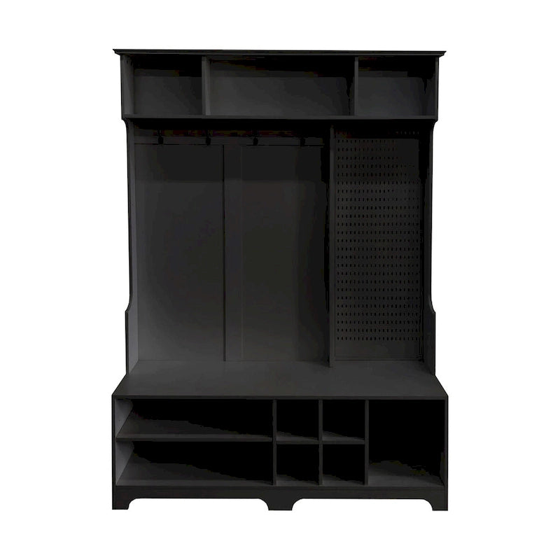 Meuble d'entrée avec banc à chaussures, porte-manteau, rangement à chaussures, étagères de rangement et panneau perforé, pour couloirs, halls et chambres, noir