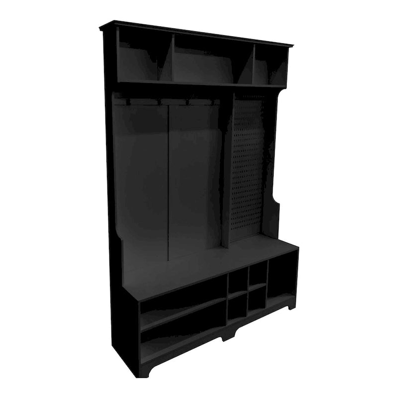 Meuble d'entrée avec banc à chaussures, porte-manteau, rangement à chaussures, étagères de rangement et panneau perforé, pour couloirs, halls et chambres, noir