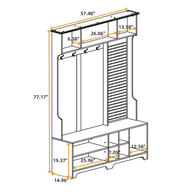 Meuble d'entrée avec banc à chaussures, porte-manteau, rangement à chaussures, étagères de rangement et panneau perforé, pour couloirs, halls et chambres, noir