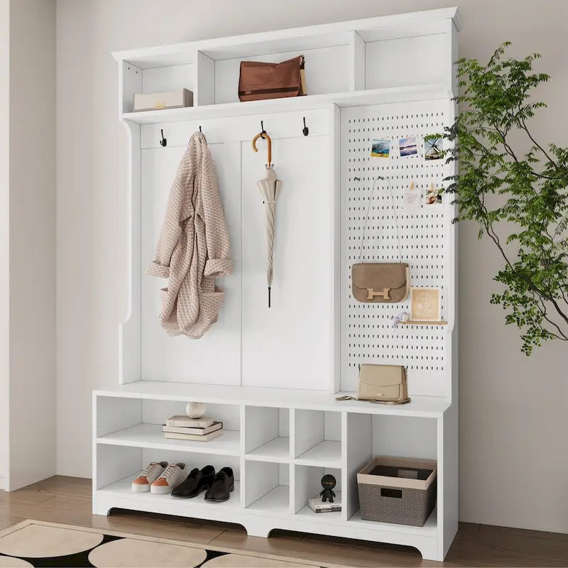 Meuble d'entrée avec banc à chaussures, porte-manteau, rangement à chaussures, étagères de rangement et panneau perforé, pour couloirs, halls et chambres, noir