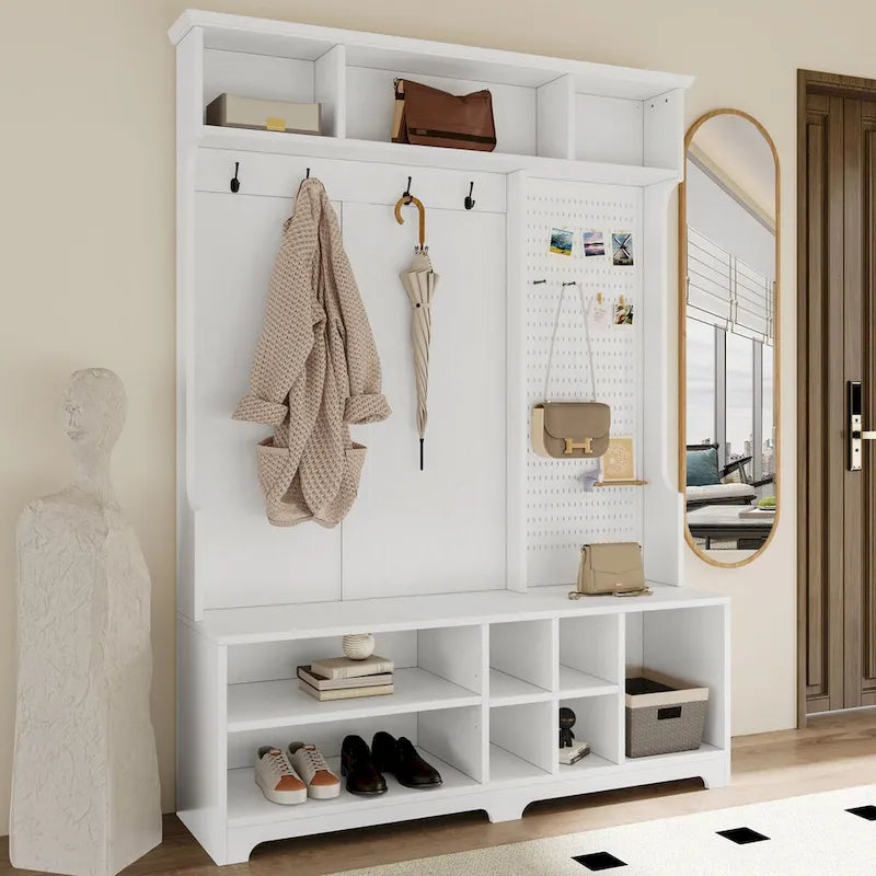 Meuble d'entrée avec banc à chaussures, porte-manteau, rangement à chaussures, étagères de rangement et panneau perforé, pour couloirs, halls et chambres, noir