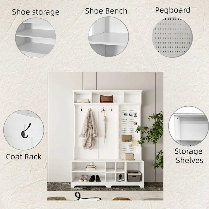 Meuble d'entrée avec banc à chaussures, porte-manteau, rangement à chaussures, étagères de rangement et panneau perforé, pour couloirs, halls et chambres, noir