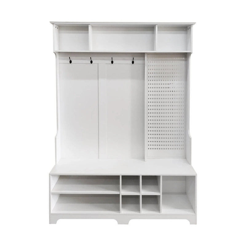 Meuble d'entrée avec banc à chaussures, porte-manteau, rangement à chaussures, étagères de rangement et panneau perforé, pour couloirs, halls et chambres, noir