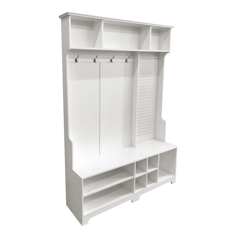 Meuble d'entrée avec banc à chaussures, porte-manteau, rangement à chaussures, étagères de rangement et panneau perforé, pour couloirs, halls et chambres, noir