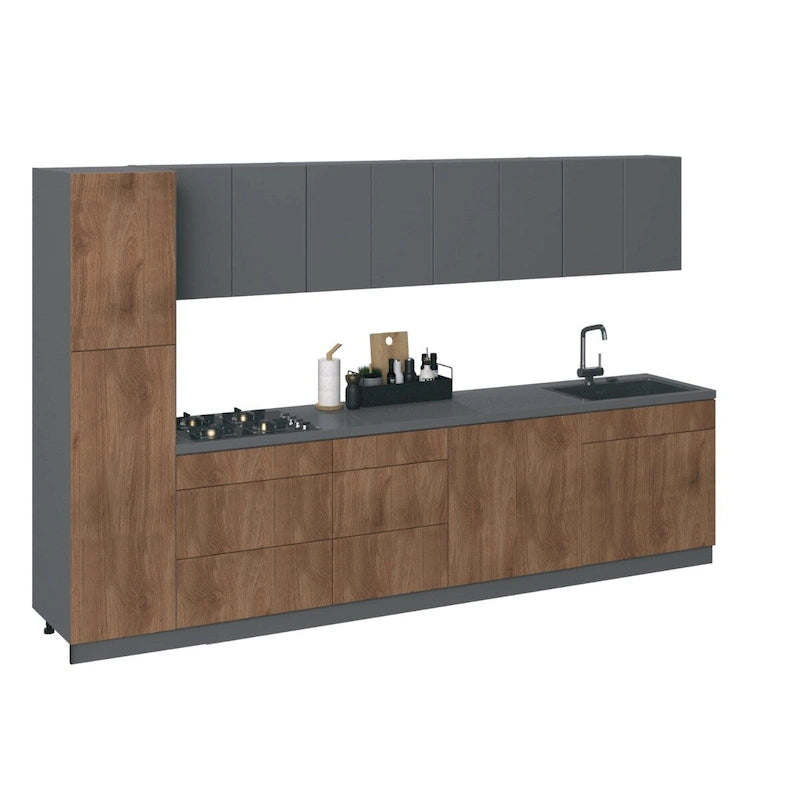 Collection Élégante Cuisine Teck Naturel & Base Couleur Noire Taille 11 Pieds de Large - 135x24