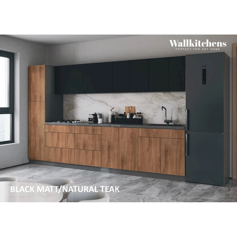Collection Élégante Cuisine Teck Naturel & Base Couleur Noire Taille 11 Pieds de Large - 135x24