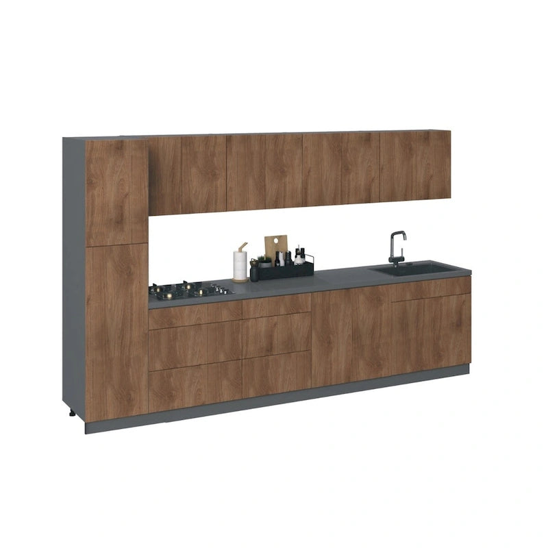 Collection Élégante Cuisine Teck Naturel & Base Couleur Noire Taille 11 Pieds de Large - 135x24