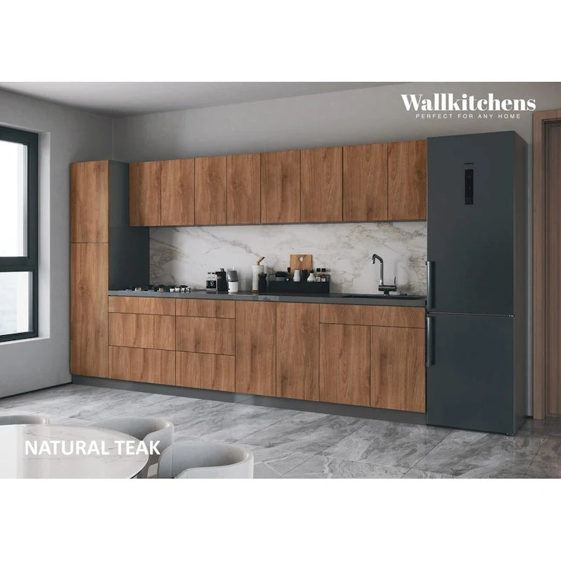 Collection Élégante Cuisine Teck Naturel & Base Couleur Noire Taille 11 Pieds de Large - 135x24