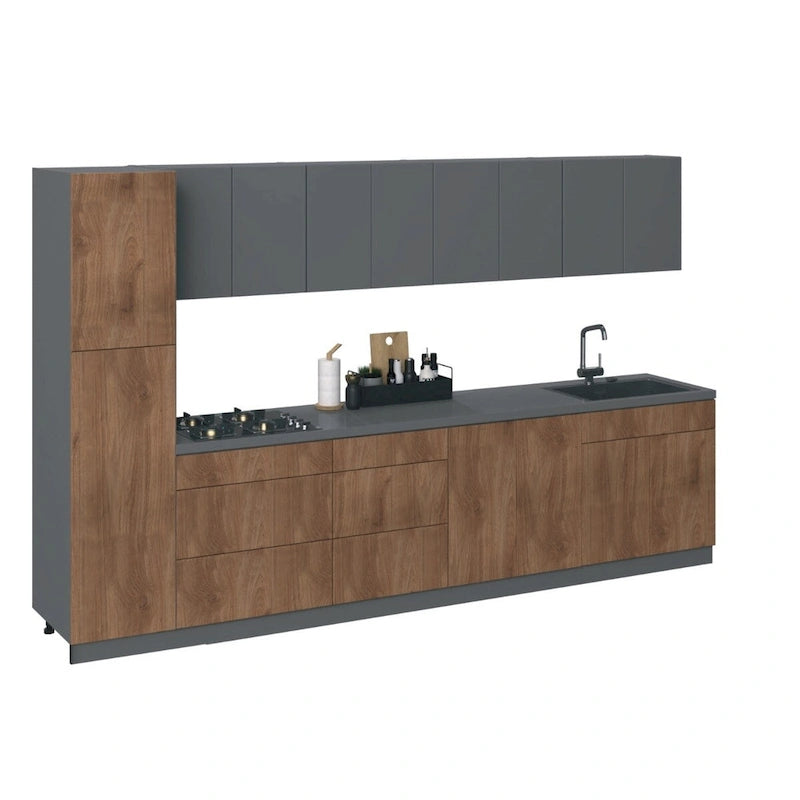 Collection Élégante Cuisine Teck Naturel & Base Couleur Noire Taille 11 Pieds de Large - 135x24