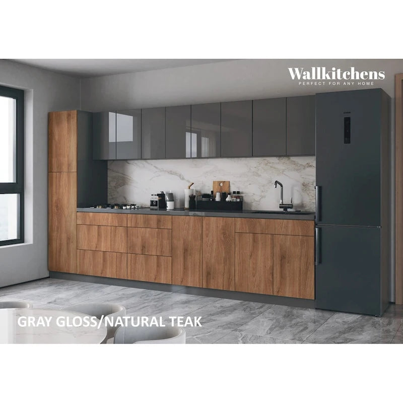 Collection Élégante Cuisine Teck Naturel & Base Couleur Noire Taille 11 Pieds de Large - 135x24