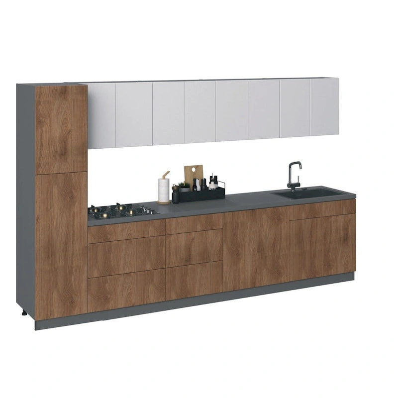 Collection Élégante Cuisine Teck Naturel & Base Couleur Noire Taille 11 Pieds de Large - 135x24